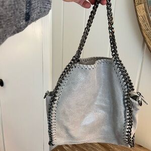 Gray Chain-Trimmed Shoulder Bag with Metallic Finish